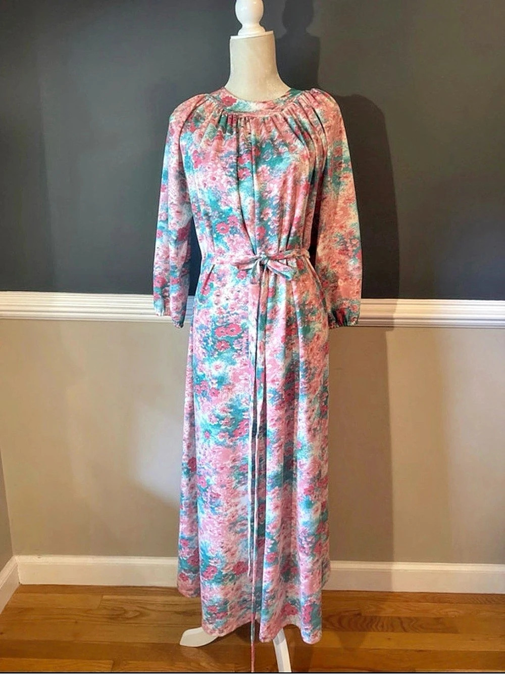 Uno Authentic Vintage 1980’s Floral Maxi Dress Pink & Green- approx size 8